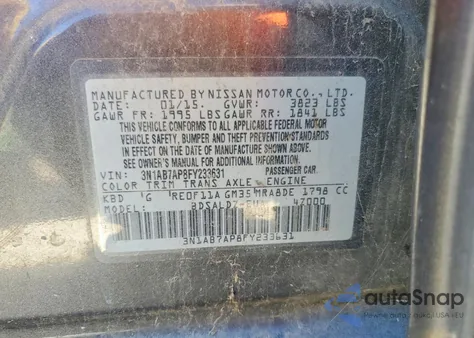 2015 Nissan Sentra Sv z USA, uszkodzony, nr VIN 3N1AB7AP8FY233631